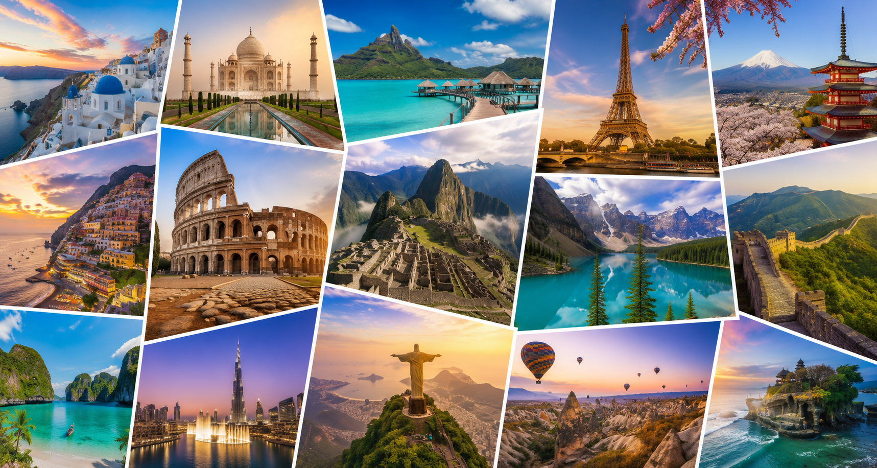 Collage of famous travel destinations around the world